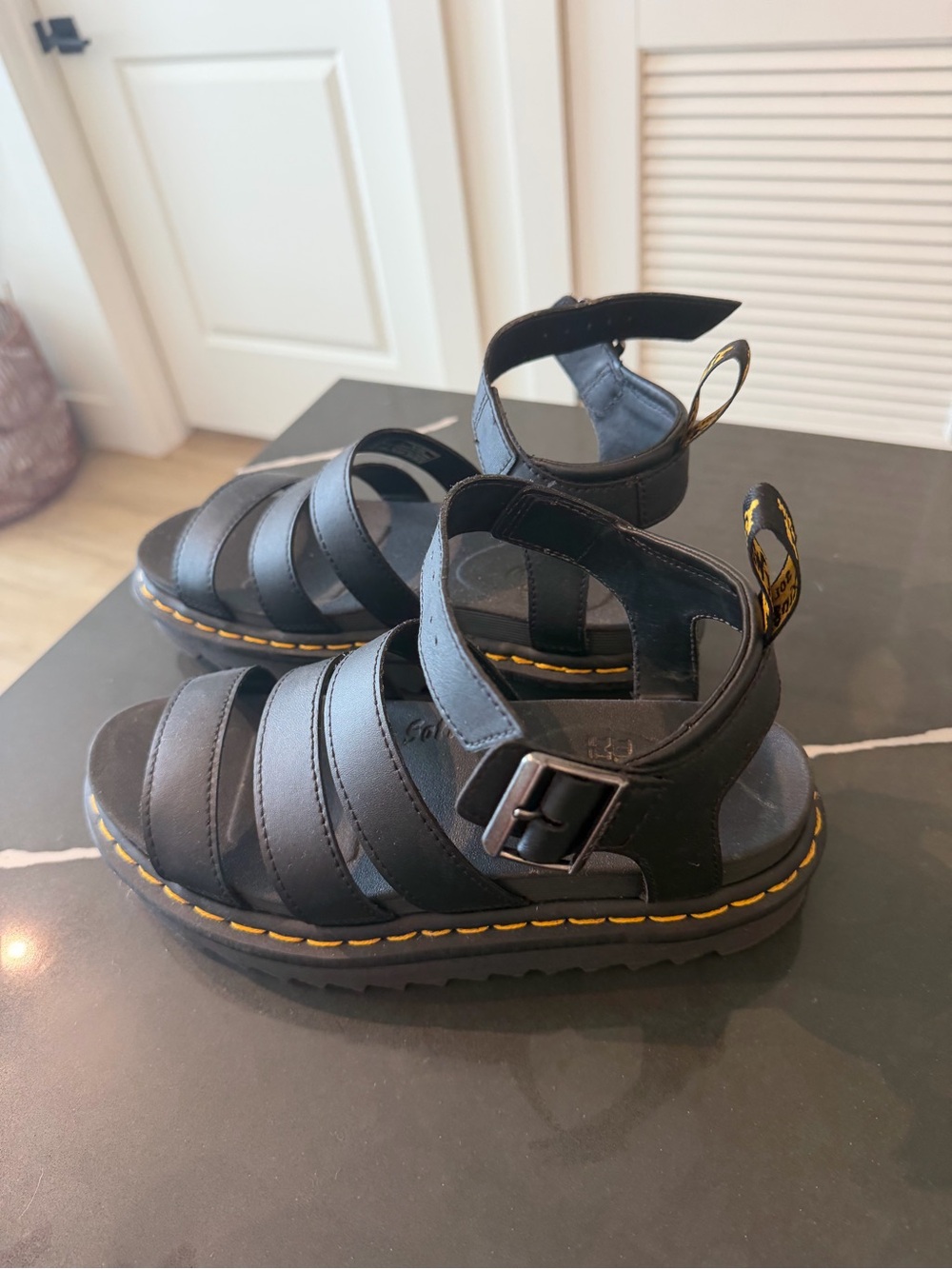 Dr. Martens Black Leather Fisherman Sandals with Yellow Stitching